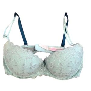 VICTORIA'S SECRET PINK Lined Underwire Demi Green Blue Silver Lace Sexy 34D EUC